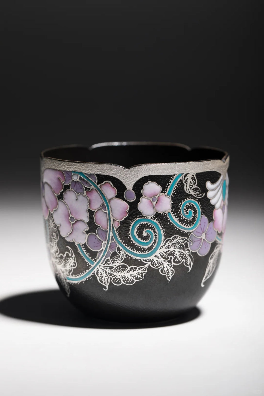 Handmade Porcelain Art Cup: Black Glaze & Genuine Silver Inlay