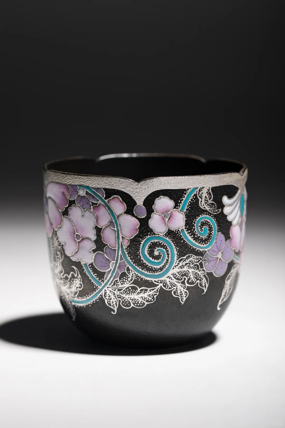 Handmade Porcelain Art Cup: Black Glaze & Genuine Silver Inlay