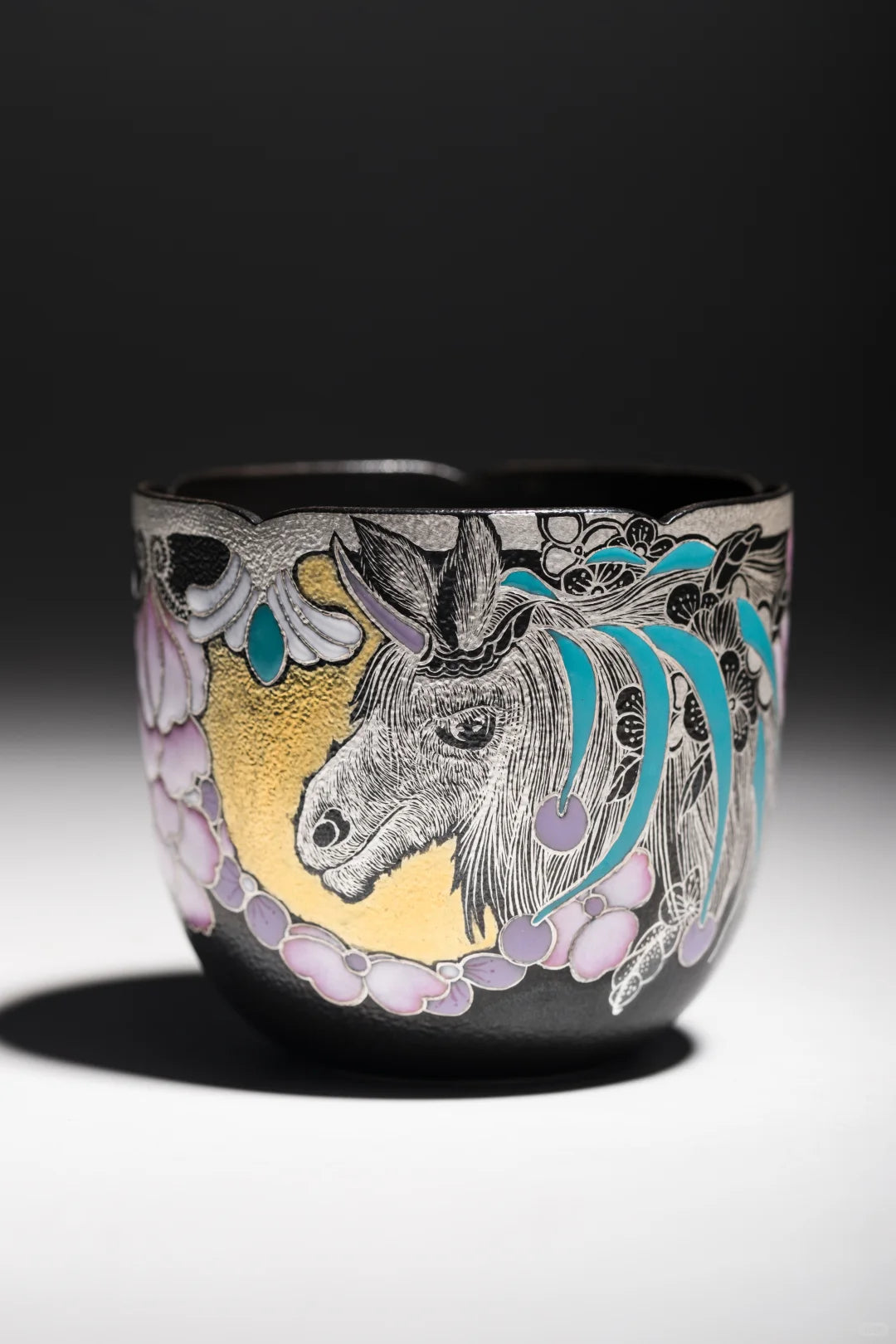 Handmade Porcelain Art Cup: Black Glaze & Genuine Silver Inlay
