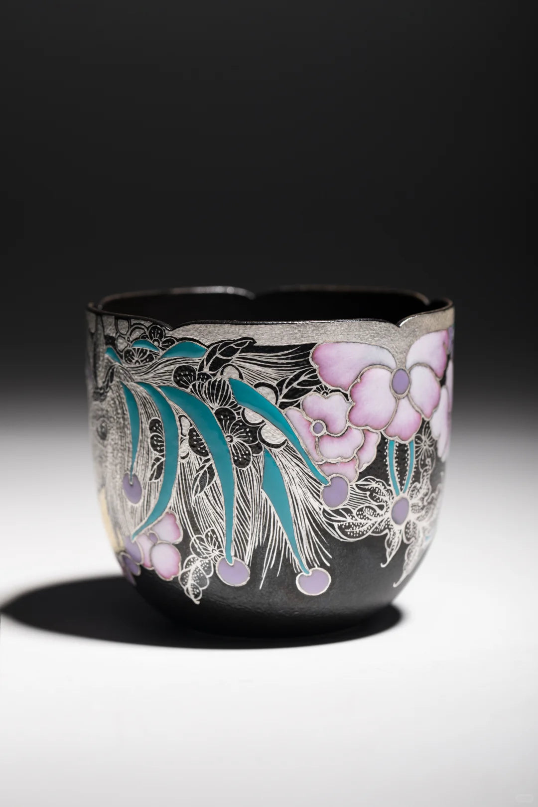 Handmade Porcelain Art Cup: Black Glaze & Genuine Silver Inlay