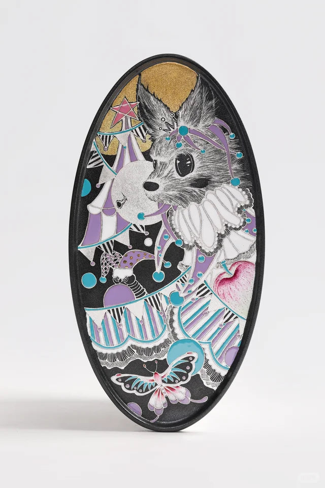 Handcrafted Enamel Oval Porcelain Plaque — Black Glaze, Fox at the Midnight Carnival