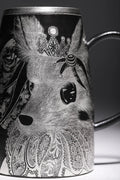 Handcrafted Silver Luster Ceramic Stein — Black Glaze, Crowned Fox Queen
