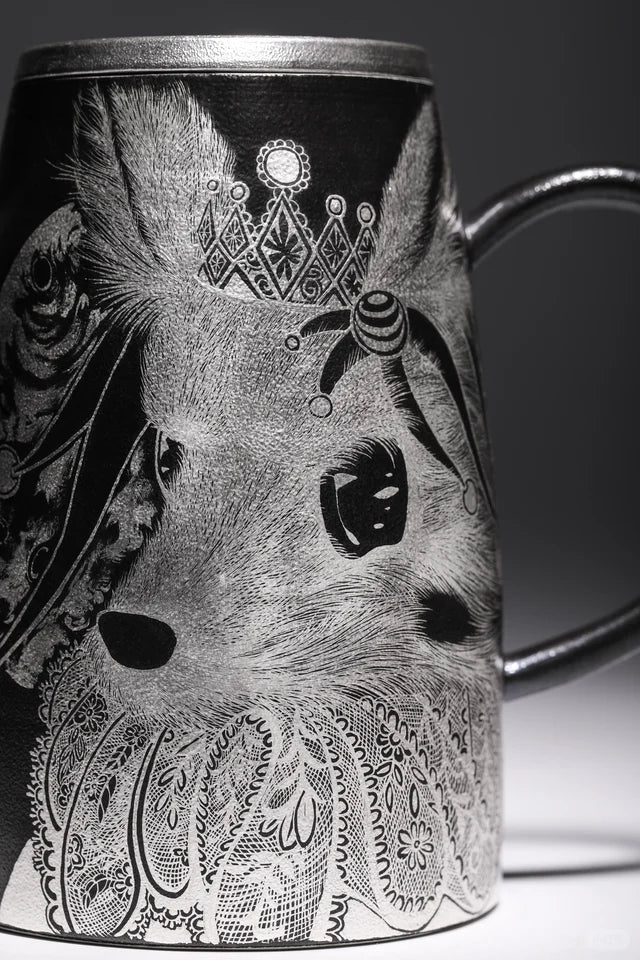 Handcrafted Silver Luster Ceramic Stein — Black Glaze, Crowned Fox Queen