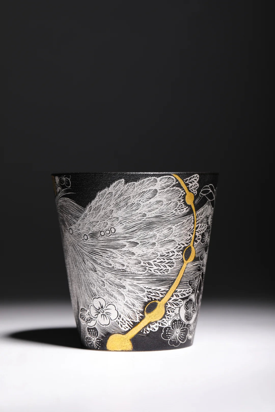 Handcrafted Silver Luster & Gold Ceramic Art Cup — Black Glaze, Mythical Beast