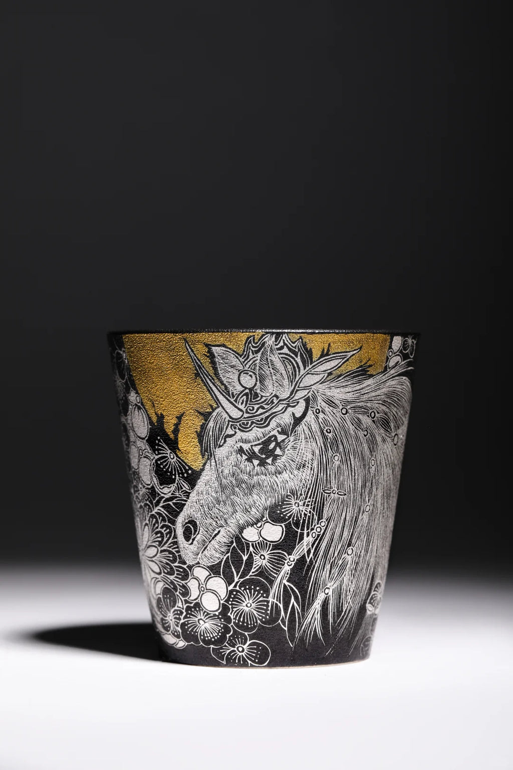 Handcrafted Silver Luster & Gold Ceramic Art Cup — Black Glaze, Mythical Beast