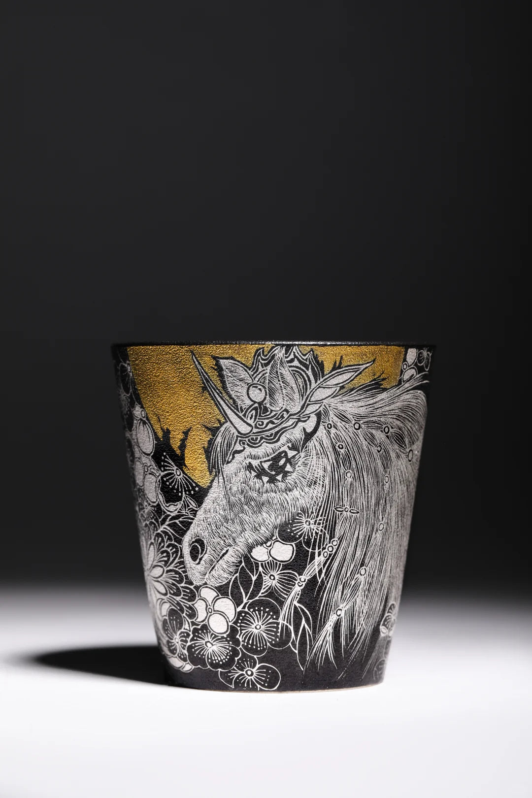 Handcrafted Silver Luster & Gold Ceramic Art Cup — Black Glaze, Mythical Beast
